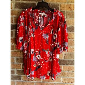 Nurture by westbound Womens Red Floral Spilt V-Neck Half Sleeve Blouse Sz 2X NWT